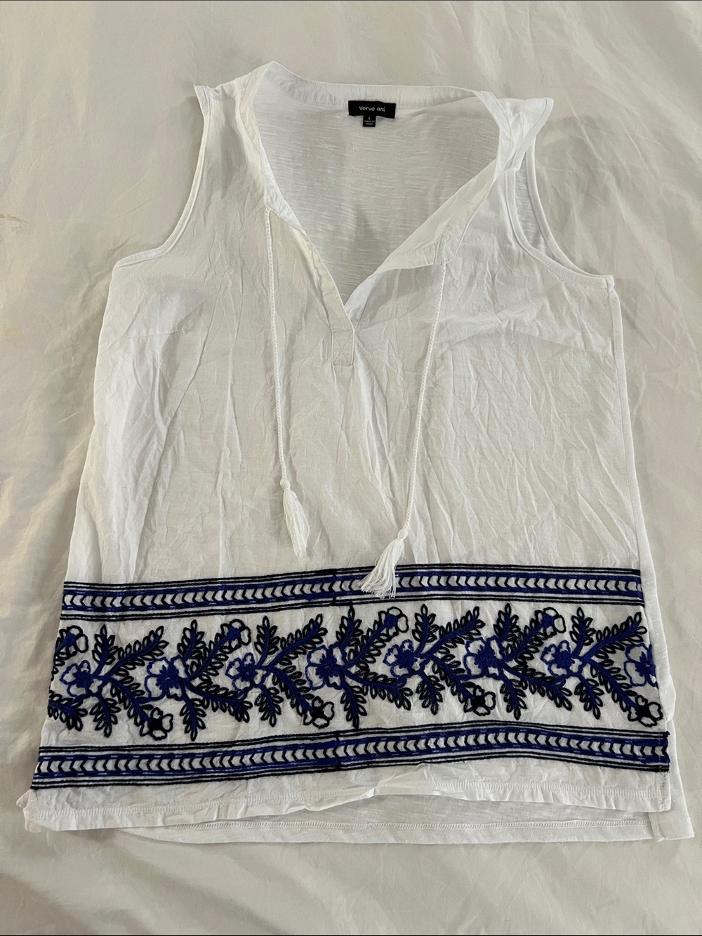 Verve Ami White Sleeveless Tunic Tank with Navy Embroidered Hem
